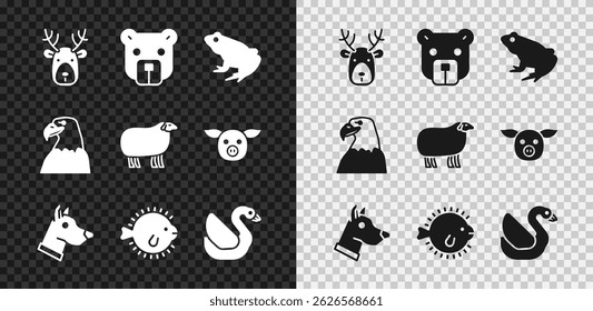 Set Deer head with antlers, Bear, Frog, Dog, Puffer fish, Swan bird, Eagle and Sheep icon. Vector