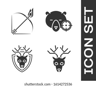 Set Deer head with antlers, Bow and fire arrow, Deer head with antlers on shield and Hunt on bear with crosshairs icon. Vector