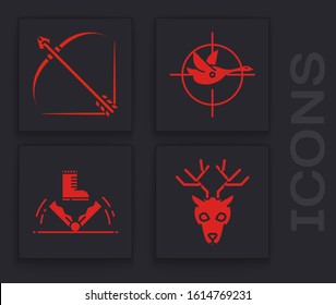 Set Deer head with antlers, Bow and arrow in quiver, Hunt on duck with crosshairs and Trap hunting icon. Vector