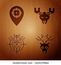 Set Deer head with antlers, Hunt place, Hunt on deer with crosshairs and Moose head with horns on wooden background. Vector