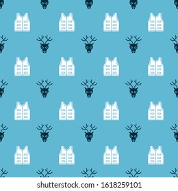 Set Deer head with antlers and Hunting jacket on seamless pattern. Vector