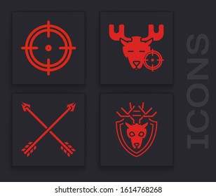 Set Deer head with antlers on shield, Target sport for shooting competition, Hunt on moose with crosshairs and Crossed arrows icon. Vector