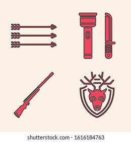 Set Deer head with antlers on shield, Hipster arrows, Flashlight and knife and Hunting gun icon. Vector