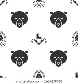 Set Deer head with antlers on shield, Trap hunting and Bear head on seamless pattern. Vector