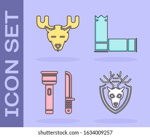 Set Deer head with antlers on shield, Moose head with horns, Flashlight and knife and Cartridges icon. Vector