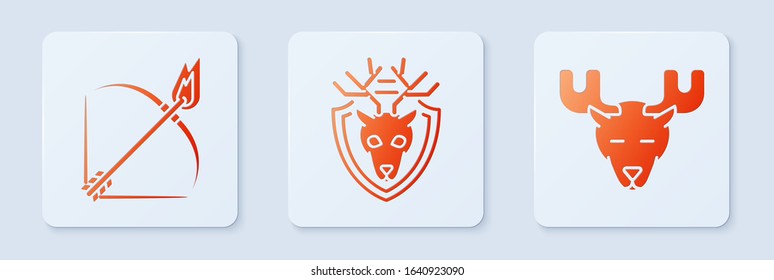 Set Deer head with antlers on shield, Bow and fire arrow and Moose head with horns. White square button. Vector