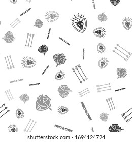 Set Deer head with antlers on shield, Trap hunting, Hipster arrows and Flying duck on shield on seamless pattern. Vector