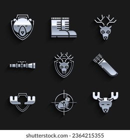 Set Deer head with antlers on shield, Hunt rabbit crosshairs, Moose horns, Quiver arrows, Sniper optical sight,  and Bear icon. Vector