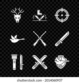 Set Deer head with antlers, Trap hunting, Target sport for shooting competition, Flashlight and knife, Crossed hunter, Flying duck shield,  and Two crossed shotguns icon. Vector