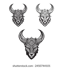 Set Of Deer Head Portrait White Sketches Isolated On Black Background