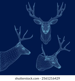 Set deer head wireframe. Vector illustration. Side, front, isometric view. 3D