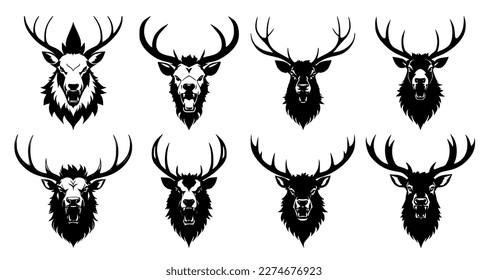 Set of deer heads with open mouth and bared fangs, with different angry expressions of the muzzle. Symbols for tattoo, emblem or logo, isolated on a white background.