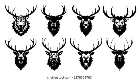 Set of deer heads with open mouth and bared fangs, with different angry expressions of the muzzle. Symbols for tattoo, emblem or logo, isolated on a white background.