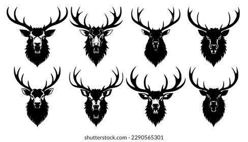 Set of deer heads with open mouth and bared fangs, with different angry expressions of the muzzle. Symbols for tattoo, emblem or logo, isolated on a white background.