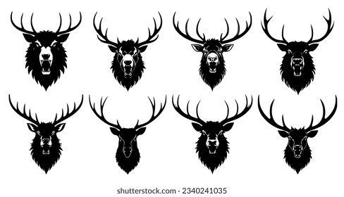 Set of deer heads with open mouth and bared fangs, with different angry expressions of the muzzle. Symbols for tattoo, emblem or logo, isolated on a white background.