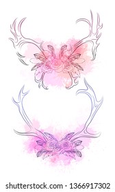 Set of  deer horns with feather, rose and gentle watercolor splashes. Outline drawing on white background. Vector tribal element for invitations, greeting cards and your creativity.