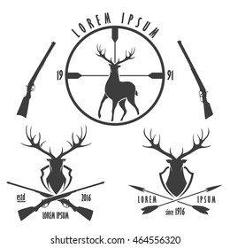 Set of deer hunting emblems. Silhouette and head of deer, target, crossed guns and arrows.