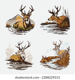 Set of Deer hunting style illustrations for logo design, print on demand, poster design, etc..