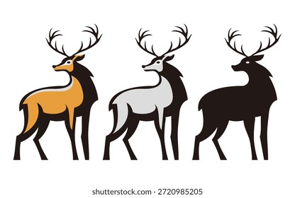 Conjunto de ilustraciones de ciervos que muestran versiones de siluetas sólidas, en escala de grises y de colores. Diseño de Vector plano limpio con forma elegante y detalles mínimos, adecuado para temas de vida silvestre, marca de la naturaleza, logotipos al aire libre, diseño de ropa. 