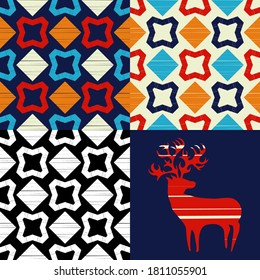 Set: Deer and Mosaic of geometric shapes. Design with manual hatching. Textile. Ethnic boho ornament. Vector illustration for web design or print.