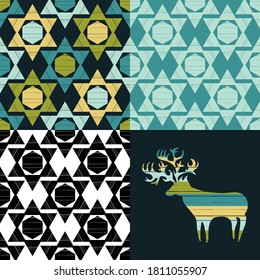 Establecer: venado y mosaico de formas geométricas. Diseño con eclosión manual. Textil. Ornamento étnico de boho. Ilustración vectorial para diseño web o impresión.
