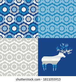 Set: Deer and Mosaic of geometric shapes. Design with manual hatching. Textile. Ethnic boho ornament. Vector illustration for web design or print.
