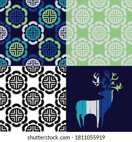 Set: Deer and Mosaic of geometric shapes. Design with manual hatching. Textile. Ethnic boho ornament. Vector illustration for web design or print.