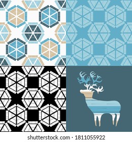 Set: Deer and Mosaic of geometric shapes. Design with manual hatching. Textile. Ethnic boho ornament. Vector illustration for web design or print.