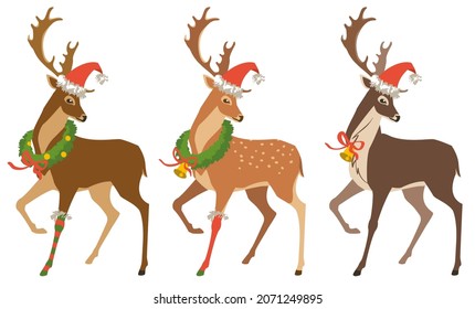 A set of deer in New Year and Christmas decorations. All decorations are isolated objects, you can swap them or delete unnecessary ones. Vector illustration 