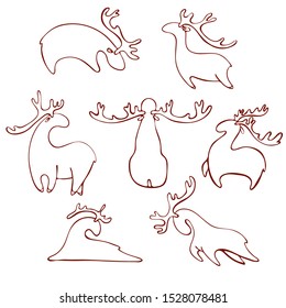 set of deer for the new year. Stylized cartoon deer. Vector hand drawn stock illustration. white isolated background. Doodles. Contour, line. Hotel elements
