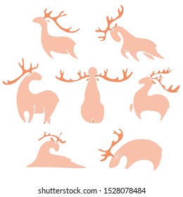 set of deer for the new year. Stylized cartoon deer. Vector hand drawn stock illustration. white isolated background. Hotel elements without outline