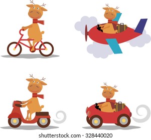set deer with scarf on scooter bike airplane car vector cute isolated sport