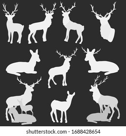 Set of deer silhouettes. Black background. Can be used in the design of the new year.