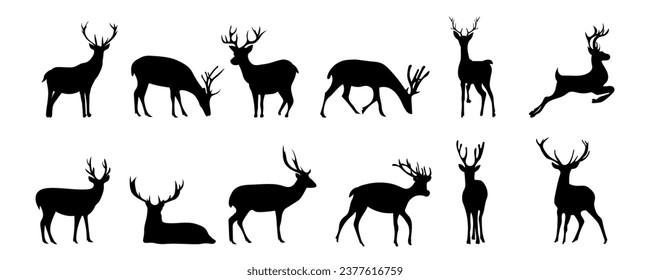 Set of deer silhouettes on white background
