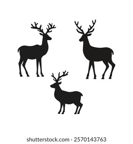 Set of deer silhouettes with various antlers and horns in a simple black vector style, perfect for wildlife, nature, and Christmas theme