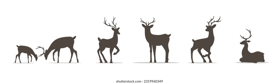 Satz Hirschsilhouetten. Wilde Tiere mit Antern auf weißem Hintergrund. Vektorflache Illustration.