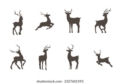 Set of deer silhouettes. Wild animals with antlers on white background. Vector flat illustration.