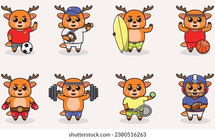 Set of Deer wearing uniform and using sports equipment. Funny animals doing exercis. Cute cartoon character vector set isolated on a white background. Cartoon animal sport. Deer cartoon. 