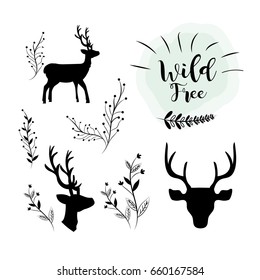 set deer wild animal with branches icons