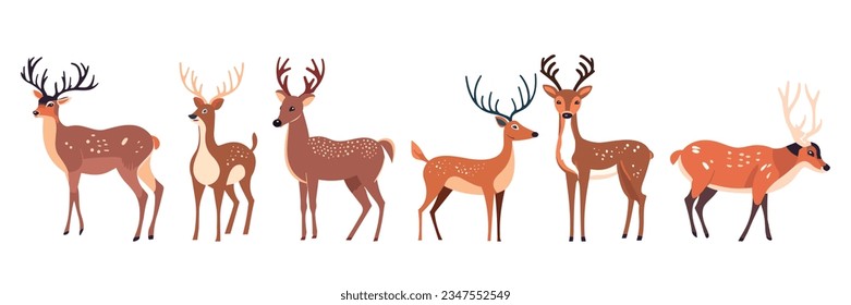 Set of deeres. Collection of deer and reindeer. Deer flat cartoon character. Vector illustration. 