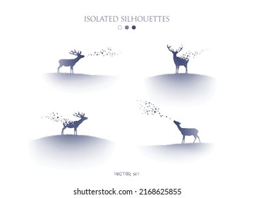 Set of deers and flying birds. Endangered animal. Isolated silhouettes