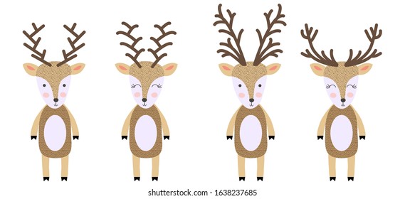 set of deers of hand draw illustration in scandinavian style. Collections of funny reindeer in cartoons style.