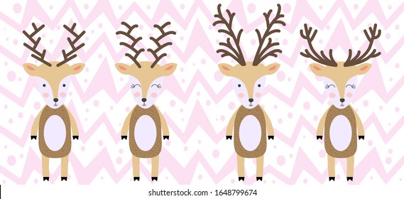 set of deers of hand draw illustration in scandinavian style. Collections of funny reindeer in cartoons style.