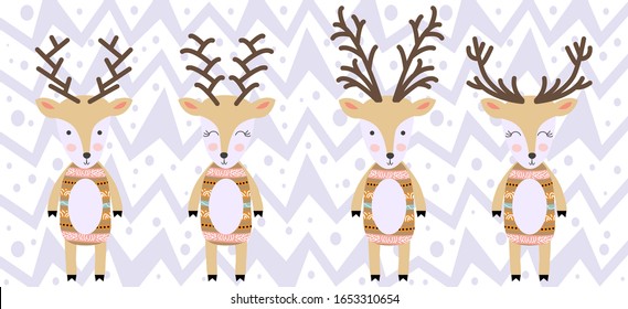 set of deers of hand draw illustration in scandinavian style. Collections of funny reindeer in cartoons style.