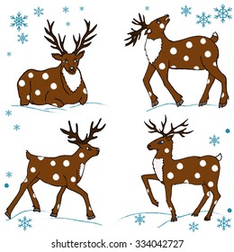 Set of deers with pretty spots on white background.
