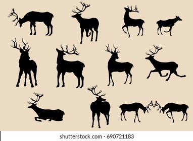 Set of deers silhouettes in various poses vector