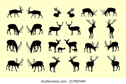Set of deers vector silhouette illustration, isolated on yellow background. Group of 26 deers vector.