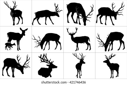 Set of deers vector silhouette illustration, isolated on white background.