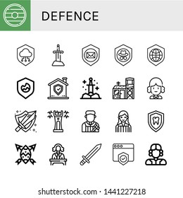 Set of defence icons such as Shield, Sword, Military base, Judge, Stun gun , defence