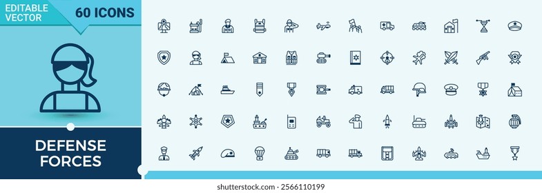 Set of Defense Forces line icons. Icons warrior, rifle, america, technology, missile and more. Pixel perfect. Solid line editable vector illustration.